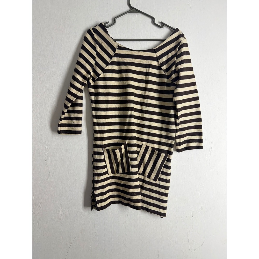 Very J Striped Mini Dress Brown Cream 3/4 Sleeve Pockets Side Zip Tunic Small